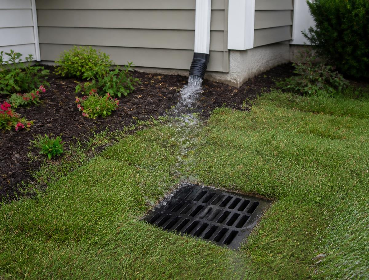 Yard catch basin grate collecting water from a downspout in a lawn