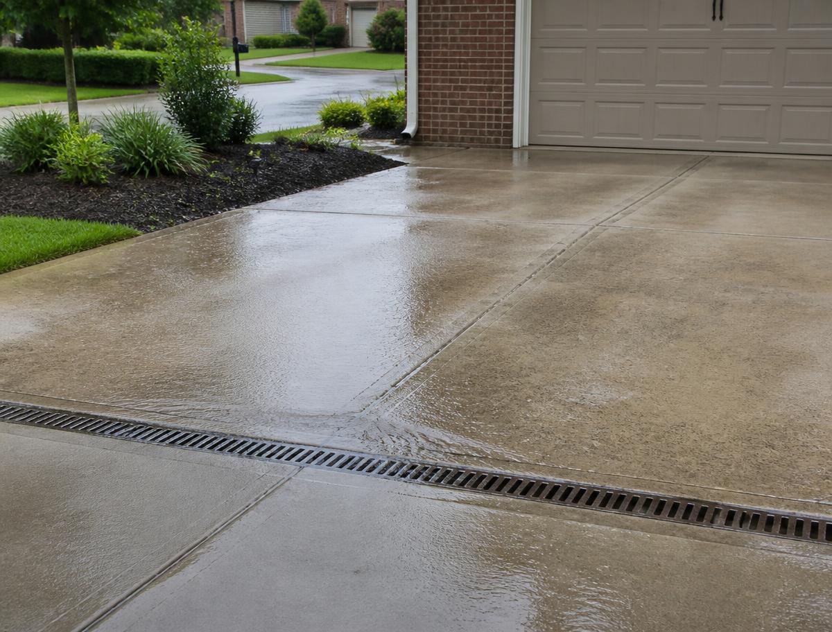 Channel trench drain grate installed across a residential concrete driveway